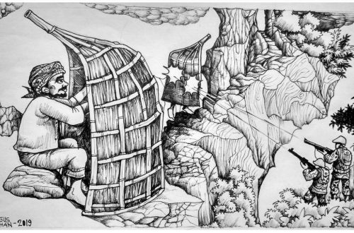 Ilustrasi “Kiai Surung dan Bundengan anti peluru” oleh Agus Handoko (2019)